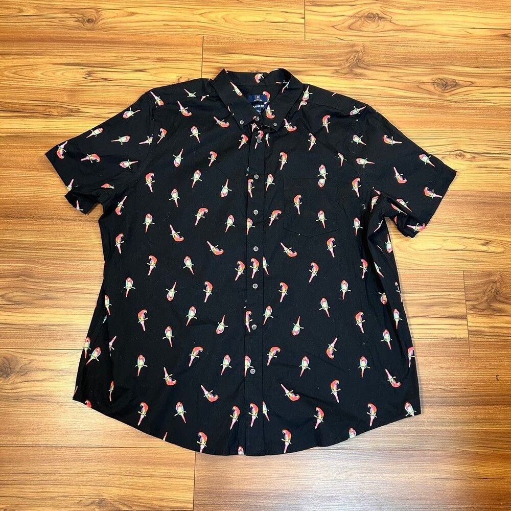 George Mens 3XL Black Parrot Print Short Sleeve Button Up Classic Fit Shirt